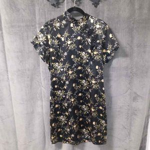 Vintage DBY LTD Black and Cream Floral Satin Dress Size Medium